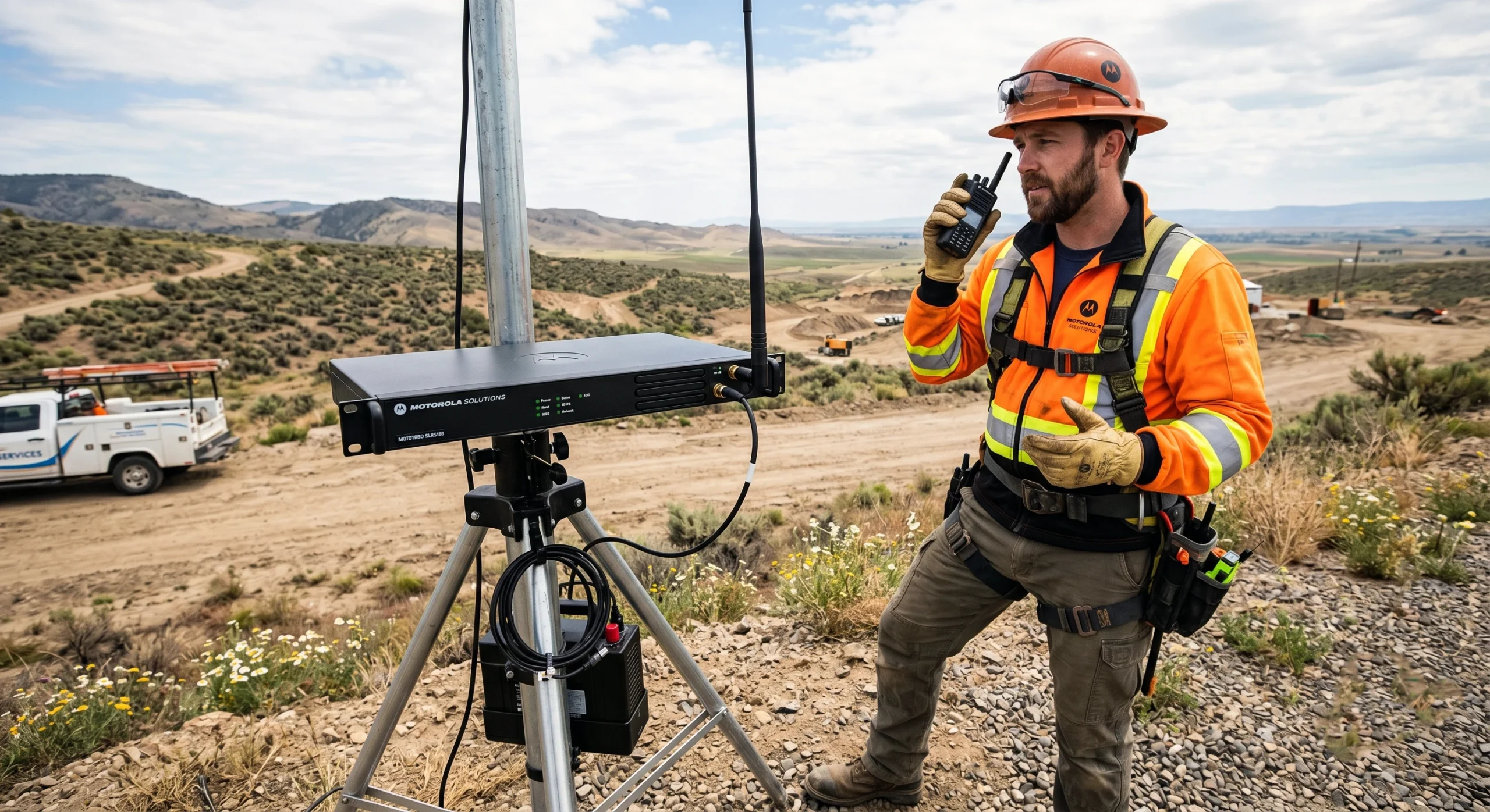 Trabajador en campo utilizando equipo de comunicación respaldado por la repetidora MOTOTRBO SLR5100 de Motorola Solutions.