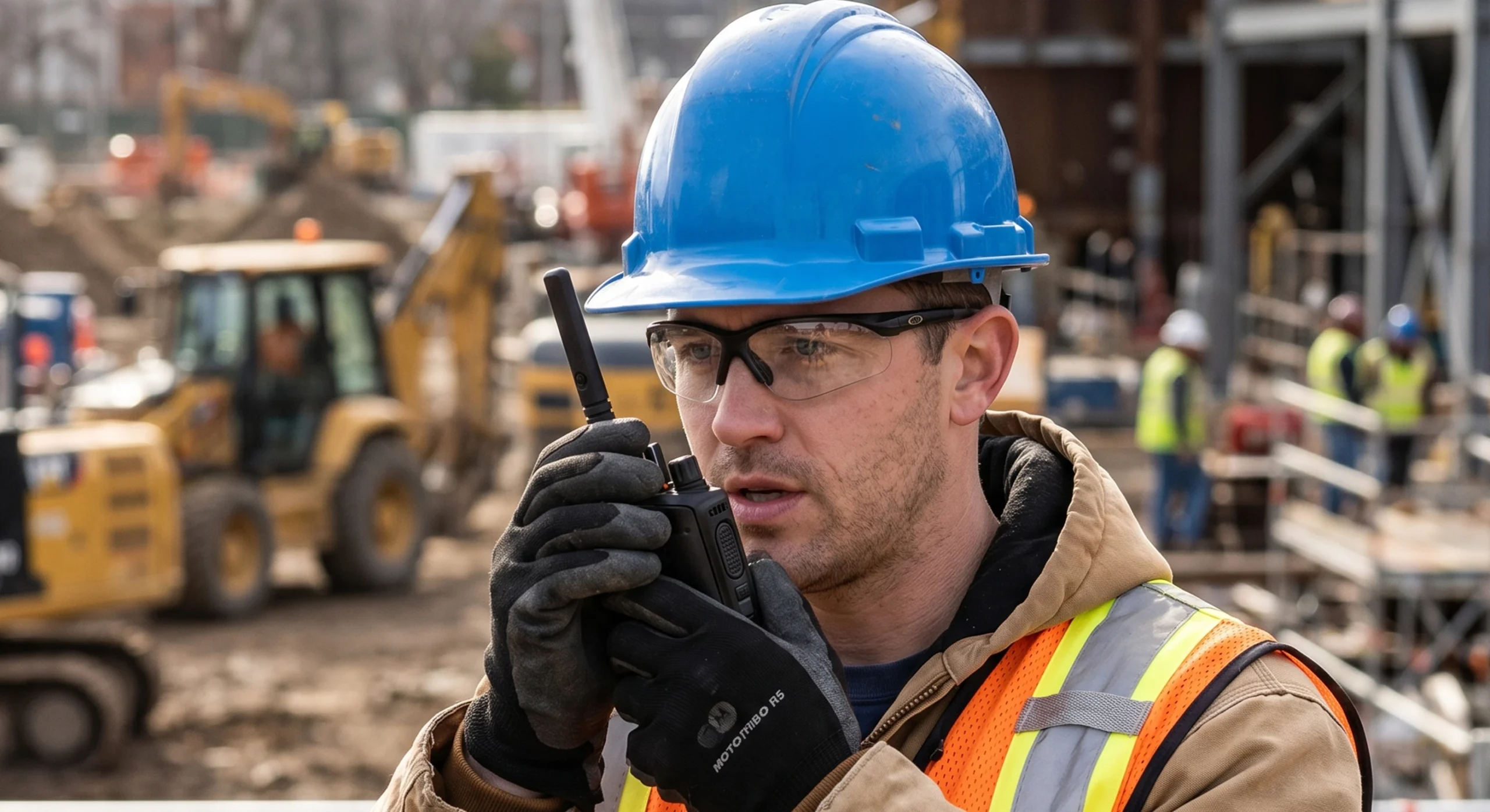 Trabajador utilizando el asombroso radio portátil bidireccional MOTOTRBO R5 de Motorola