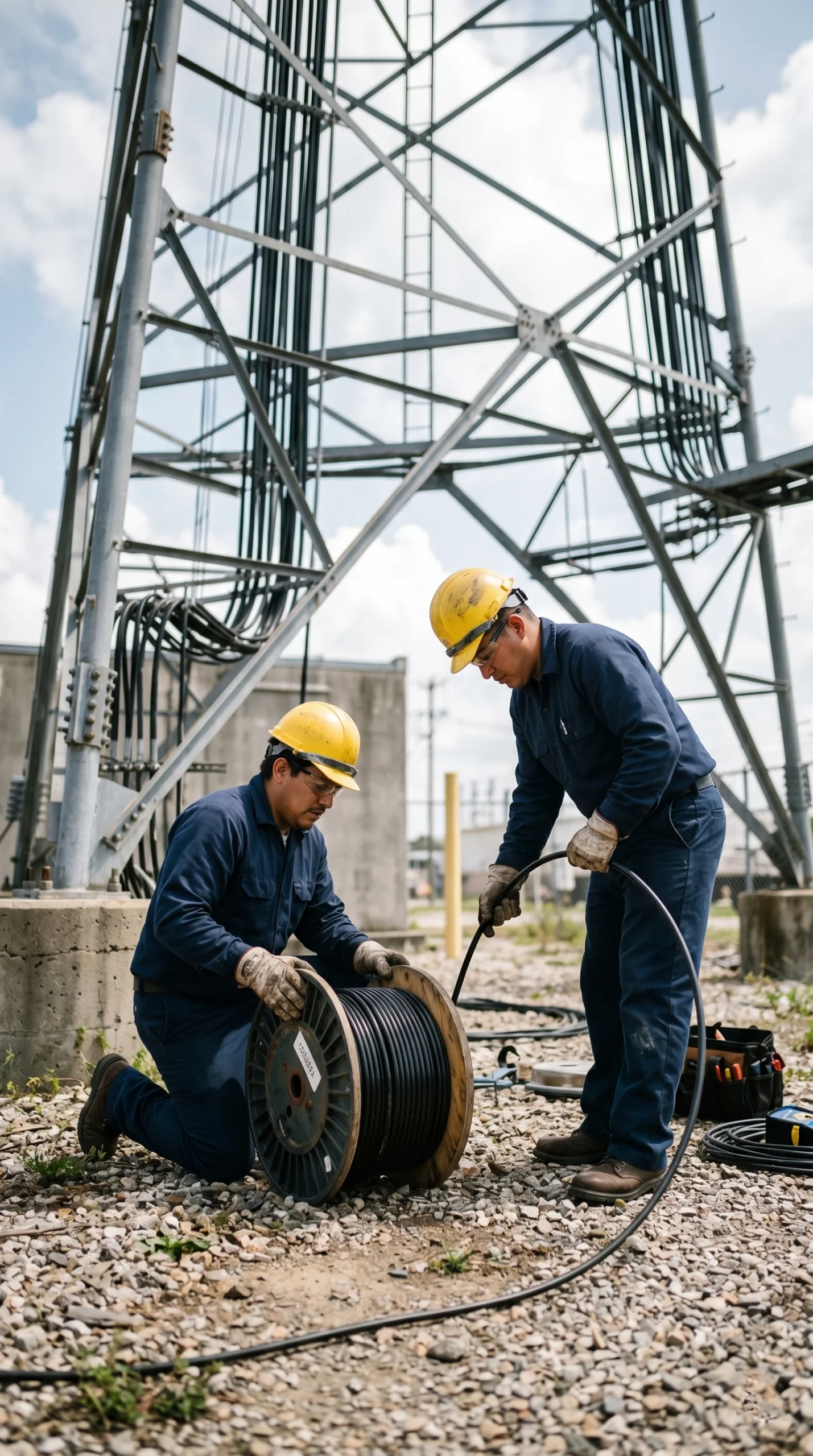 Técnicos desenrrollando cable coaxial tipo heliax