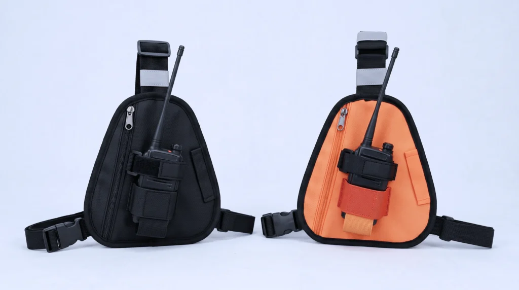 Pechera negra y pechera naranja para radio portátil con radio sujeto, franja reflectiva y hebilla de liberación rápida